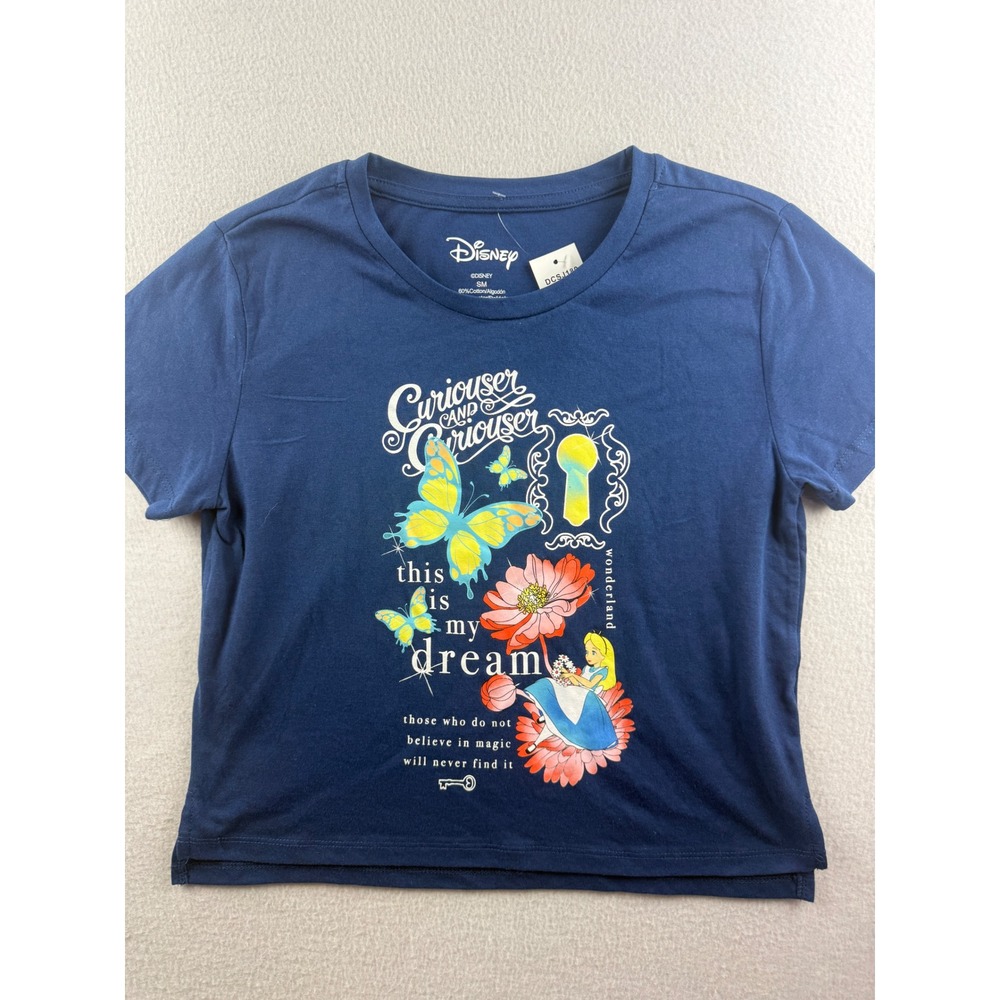 Disney Alice in Wonderland Navy Blue Graphic Tee Shirt Small Curiouser Dream